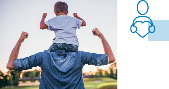 A child sits on his father's shoulders and both are flexing their biceps; nearby is line art of a person holding a heart